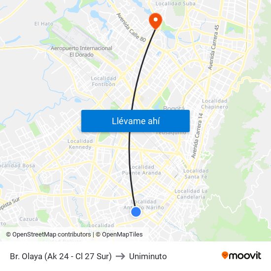 Br. Olaya (Ak 24 - Cl 27 Sur) to Uniminuto map