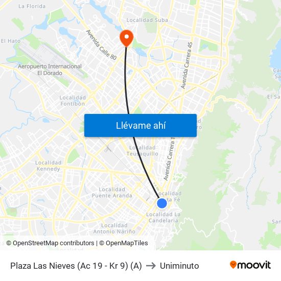 Plaza Las Nieves (Ac 19 - Kr 9) (A) to Uniminuto map