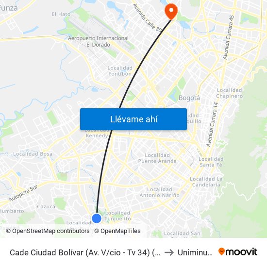 Cade Ciudad Bolívar (Av. V/cio - Tv 34) (B) to Uniminuto map