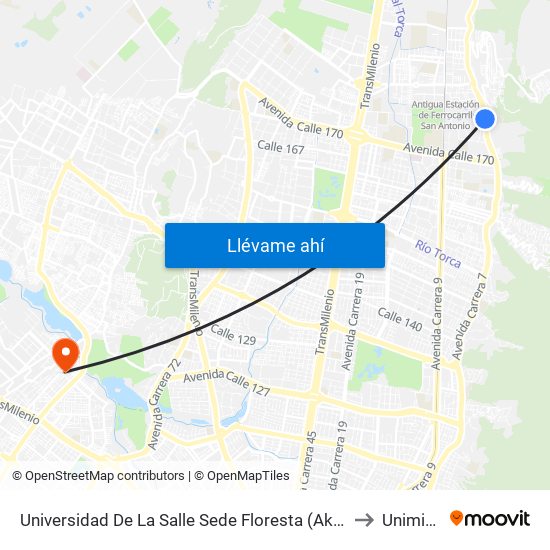 Universidad De La Salle Sede Floresta (Ak 7 - Cl 175) (A) to Uniminuto map