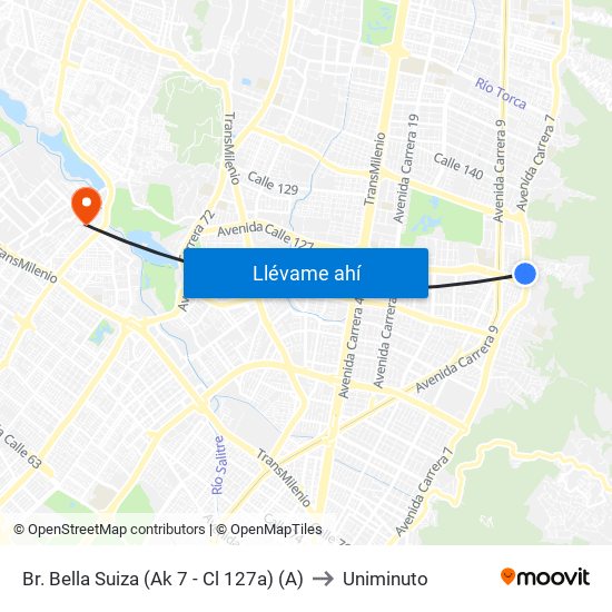 Br. Bella Suiza (Ak 7 - Cl 127a) (A) to Uniminuto map