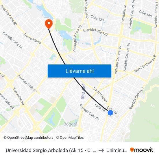 Universidad Sergio Arboleda (Ak 15 - Cl 75) to Uniminuto map