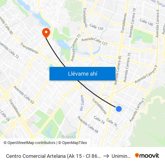 Centro Comercial Artelana (Ak 15 - Cl 86a) (A) to Uniminuto map