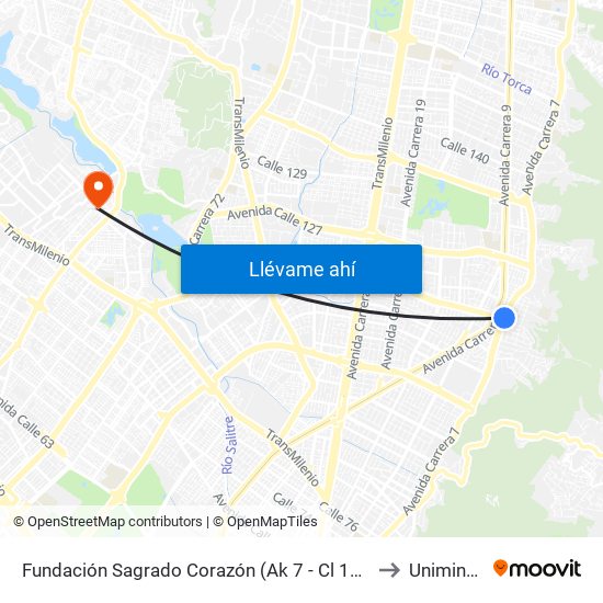 Fundación Sagrado Corazón (Ak 7 - Cl 116) (A) to Uniminuto map