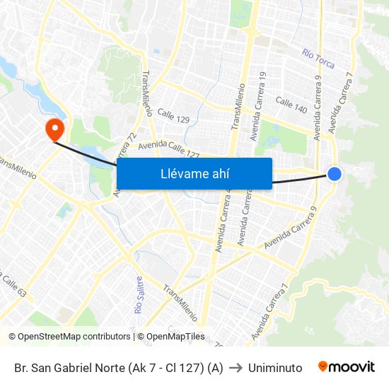 Br. San Gabriel Norte (Ak 7 - Cl 127) (A) to Uniminuto map