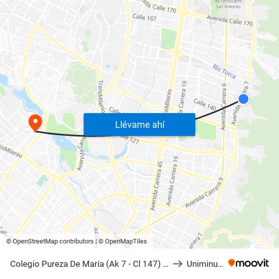 Colegio Pureza De María (Ak 7 - Cl 147) (A) to Uniminuto map