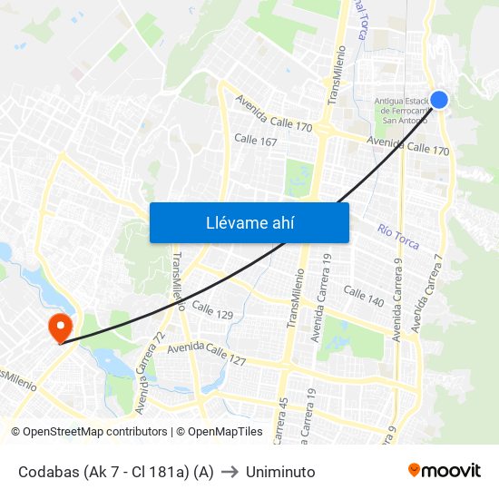 Codabas (Ak 7 - Cl 181a) (A) to Uniminuto map