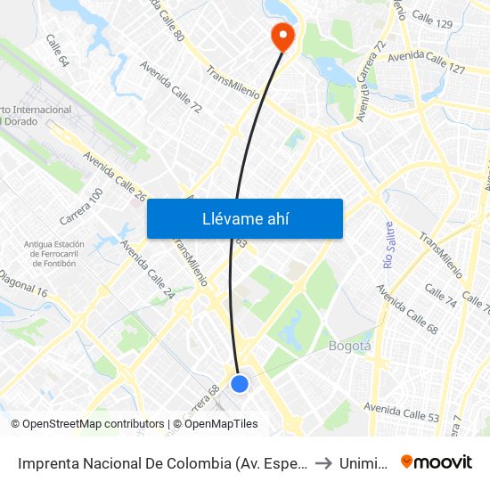 Imprenta Nacional De Colombia (Av. Esperanza - Kr 65) to Uniminuto map