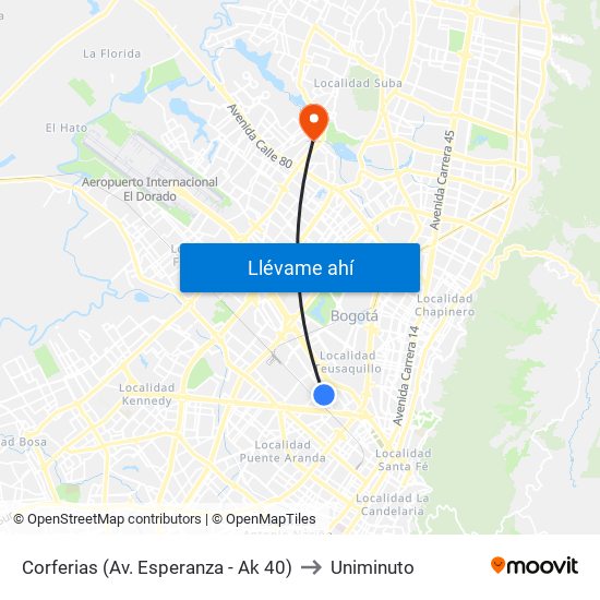 Corferias (Av. Esperanza - Ak 40) to Uniminuto map