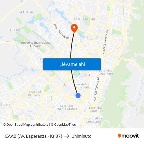 EAAB (Av. Esperanza - Kr 37) to Uniminuto map