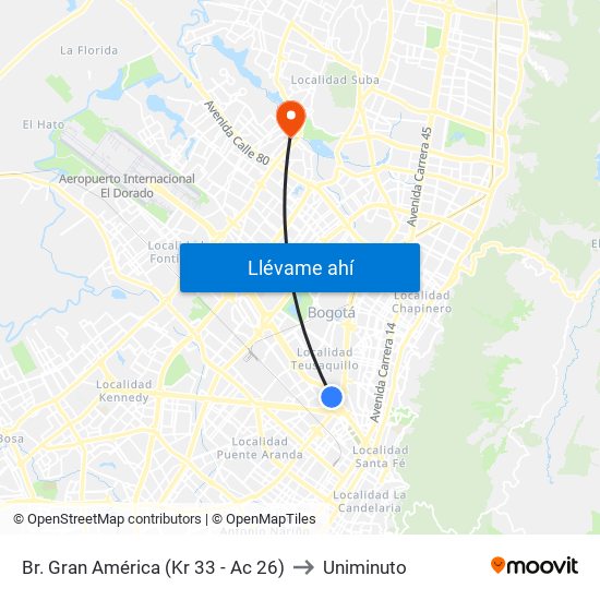 Br. Gran América (Kr 33 - Ac 26) to Uniminuto map