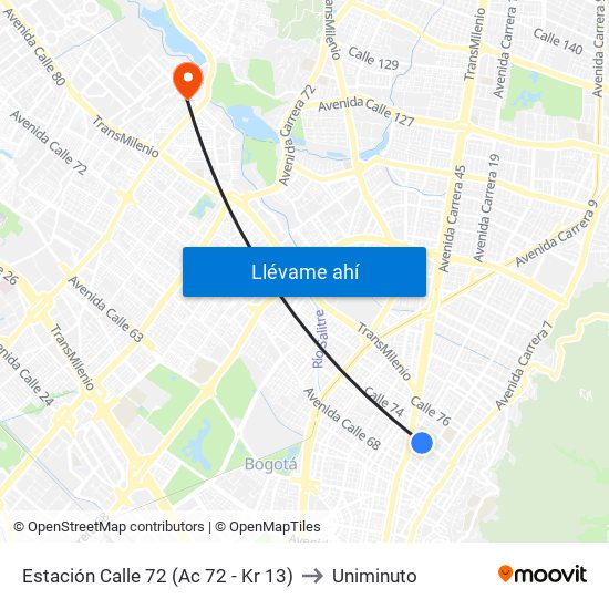 Estación Calle 72 (Ac 72 - Kr 13) to Uniminuto map