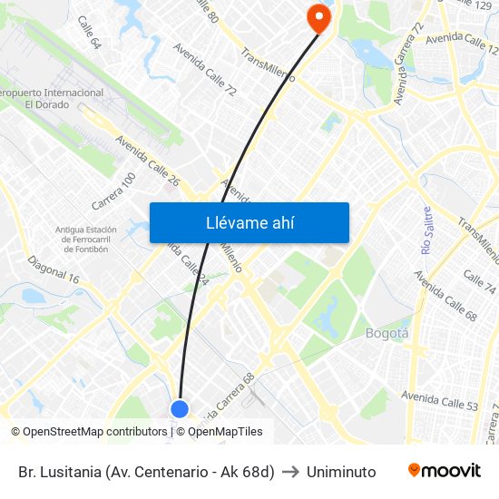 Br. Lusitania (Av. Centenario - Ak 68d) to Uniminuto map