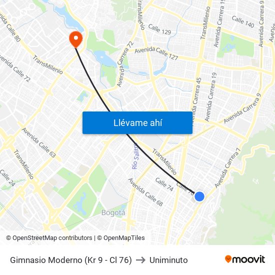 Gimnasio Moderno (Kr 9 - Cl 76) to Uniminuto map