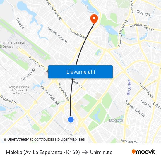 Maloka (Av. La Esperanza - Kr 69) to Uniminuto map