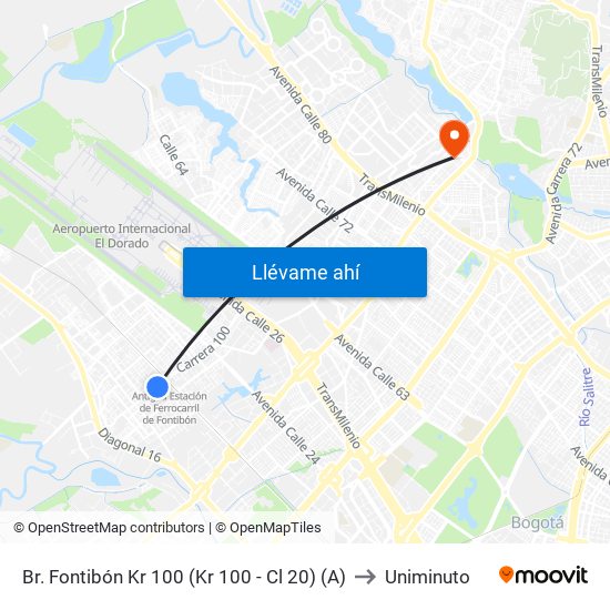 Br. Fontibón Kr 100 (Kr 100 - Cl 20) (A) to Uniminuto map