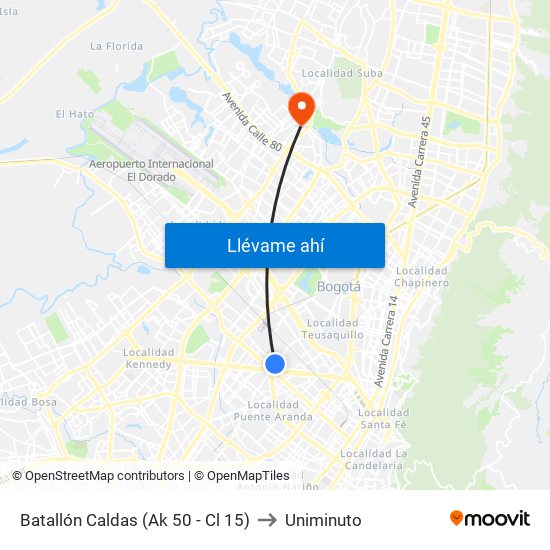 Batallón Caldas (Ak 50 - Cl 15) to Uniminuto map