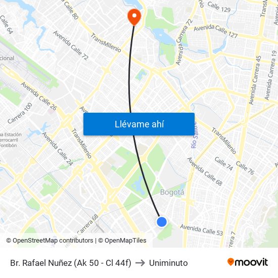 Br. Rafael Nuñez (Ak 50 - Cl 44f) to Uniminuto map