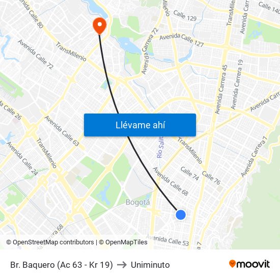 Br. Baquero (Ac 63 - Kr 19) to Uniminuto map