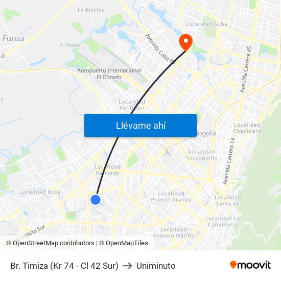 Br. Timiza (Kr 74 - Cl 42 Sur) to Uniminuto map