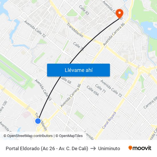 Portal Eldorado (Ac 26 - Av. C. De Cali) to Uniminuto map
