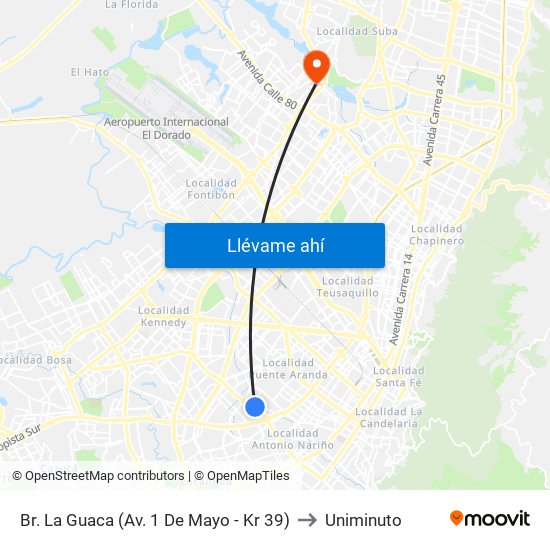 Br. La Guaca (Av. 1 De Mayo - Kr 39) to Uniminuto map