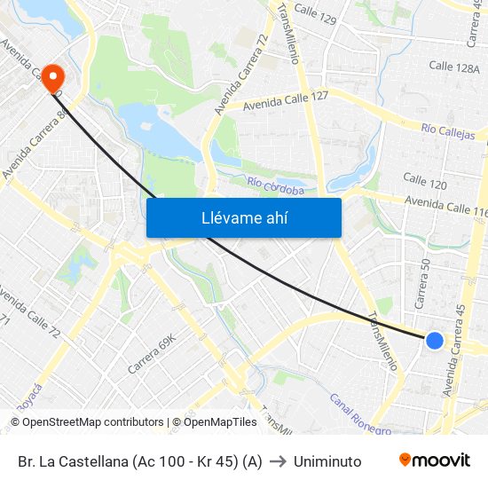 Br. La Castellana (Ac 100 - Kr 45) (A) to Uniminuto map