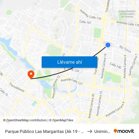 Parque Público Las Margaritas (Ak 19 - Cl 151) to Uniminuto map