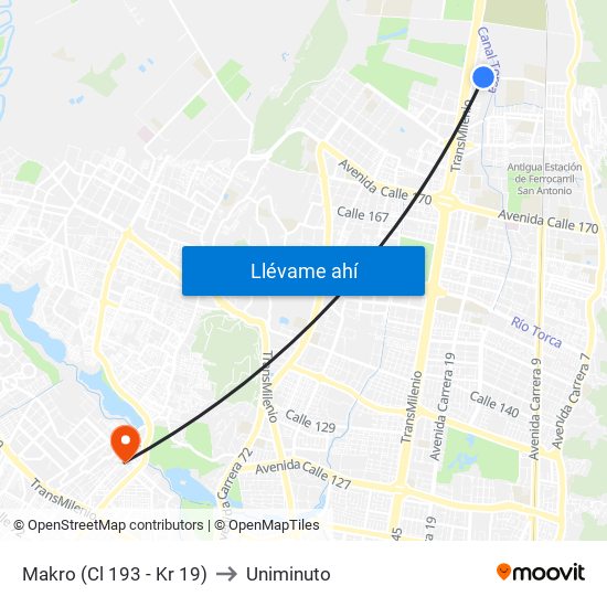 Makro (Cl 193 - Kr 19) to Uniminuto map