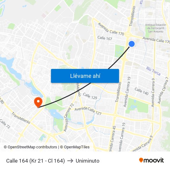 Calle 164 (Kr 21 - Cl 164) to Uniminuto map