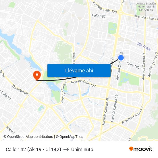 Calle 142 (Ak 19 - Cl 142) to Uniminuto map