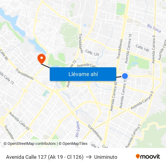 Avenida Calle 127 (Ak 19 - Cl 126) to Uniminuto map