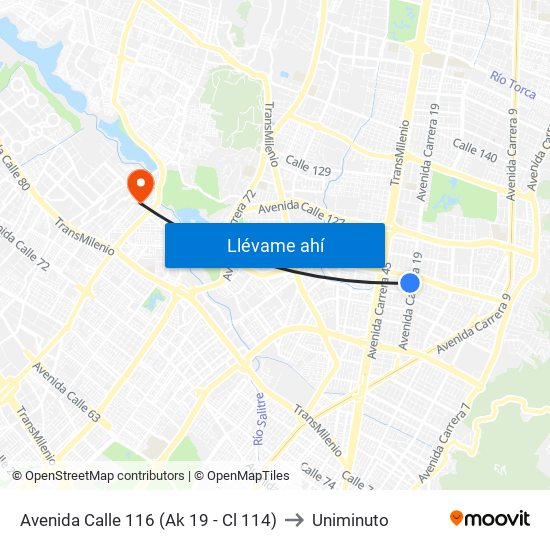 Avenida Calle 116 (Ak 19 - Cl 114) to Uniminuto map