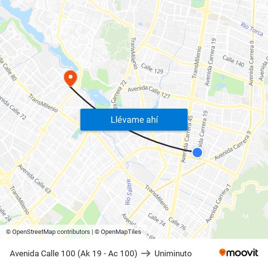 Avenida Calle 100 (Ak 19 - Ac 100) to Uniminuto map