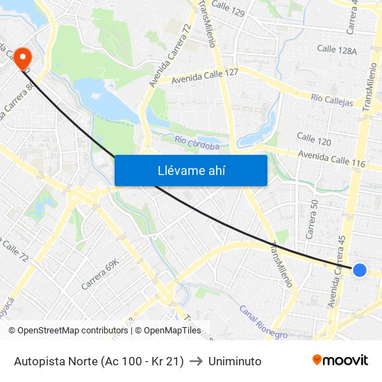 Autopista Norte (Ac 100 - Kr 21) to Uniminuto map