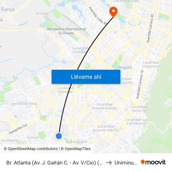 Br. Atlanta (Av. J. Gaitán C. - Av. V/Cio) (A) to Uniminuto map