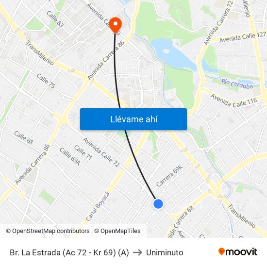 Br. La Estrada (Ac 72 - Kr 69) (A) to Uniminuto map