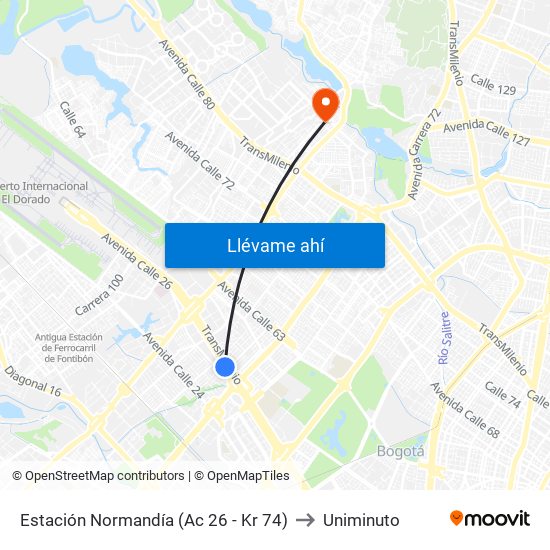 Estación Normandía (Ac 26 - Kr 74) to Uniminuto map