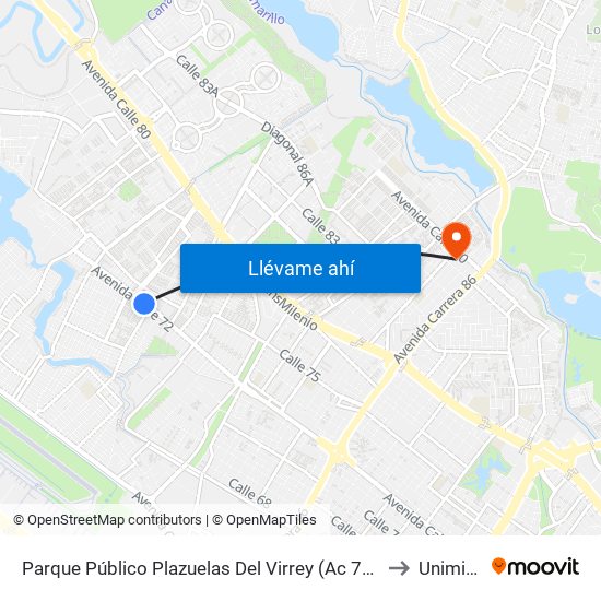 Parque Público Plazuelas Del Virrey (Ac 72 - Kr 105h) (A) to Uniminuto map