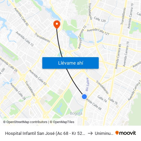 Hospital Infantil San José (Ac 68 - Kr 52) (A) to Uniminuto map