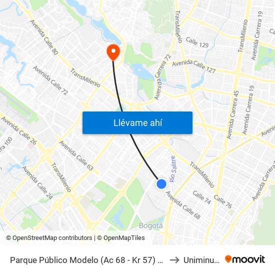Parque Público Modelo (Ac 68 - Kr 57) (A) to Uniminuto map