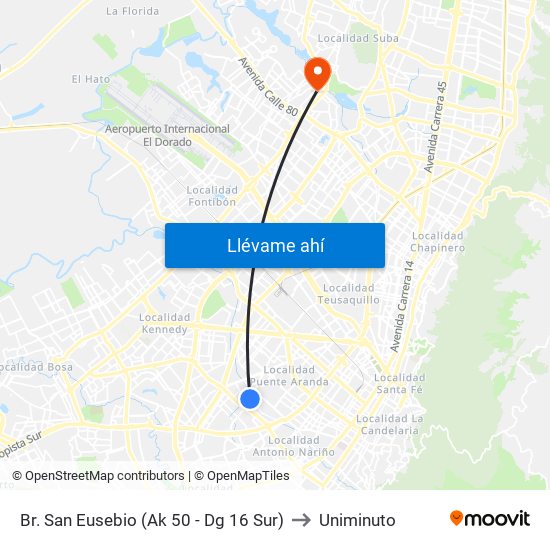 Br. San Eusebio (Ak 50 - Dg 16 Sur) to Uniminuto map