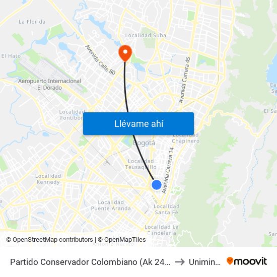 Partido Conservador Colombiano (Ak 24 - Cl 39) to Uniminuto map