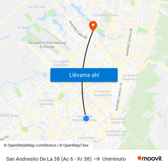 San Andresito De La 38 (Ac 6 - Kr 38) to Uniminuto map