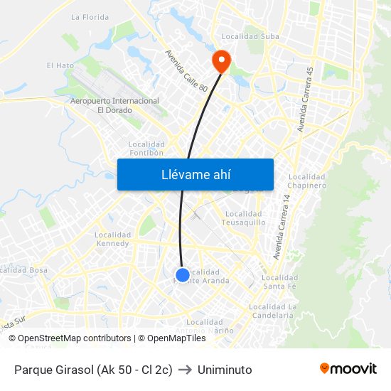 Parque Girasol (Ak 50 - Cl 2c) to Uniminuto map