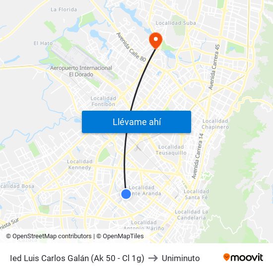 Ied Luis Carlos Galán (Ak 50 - Cl 1g) to Uniminuto map