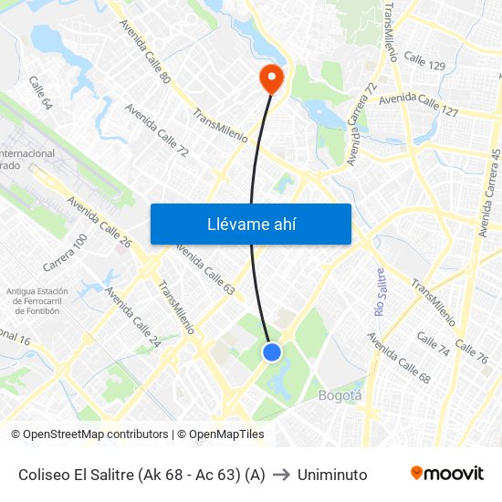 Coliseo El Salitre (Ak 68 - Ac 63) (A) to Uniminuto map