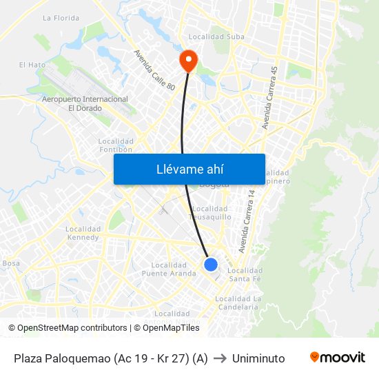 Plaza Paloquemao (Ac 19 - Kr 27) (A) to Uniminuto map