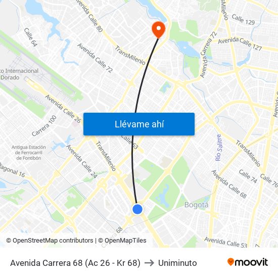 Avenida Carrera 68 (Ac 26 - Kr 68) to Uniminuto map