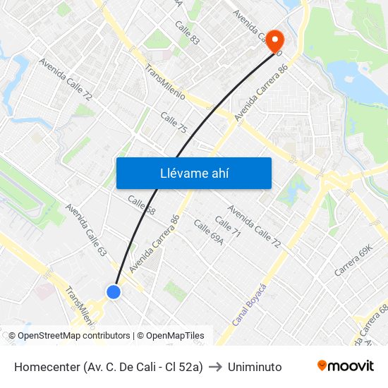 Homecenter (Av. C. De Cali - Cl 52a) to Uniminuto map